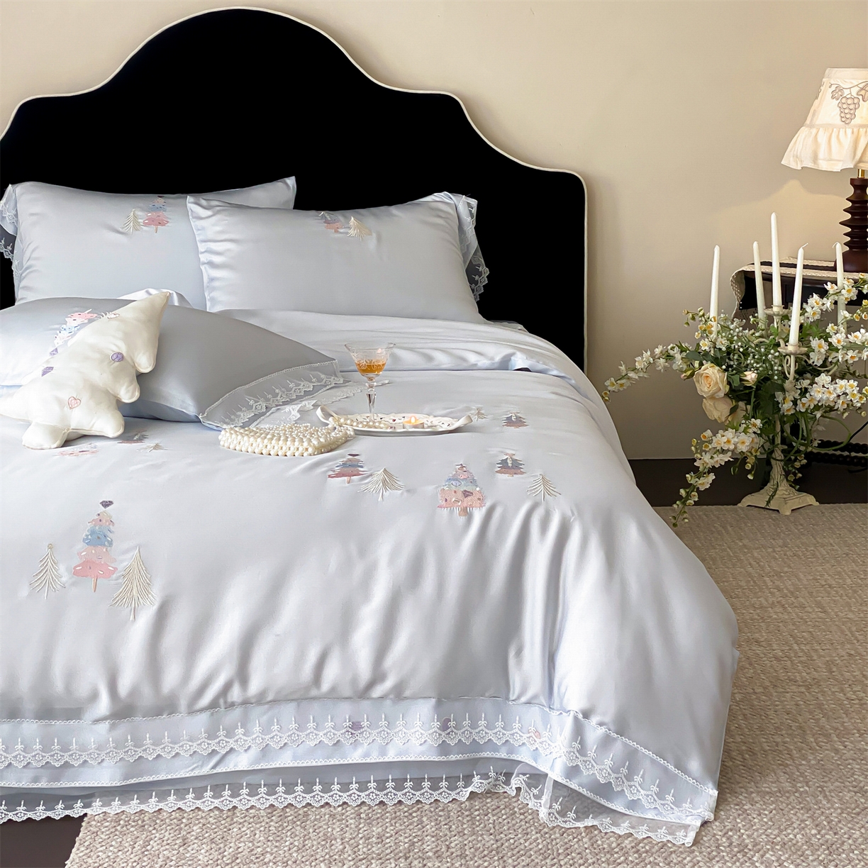 91家纺网 家纺一手货源 找家纺 （总）树下 2026新款60S天丝刺绣花边四件套-安松