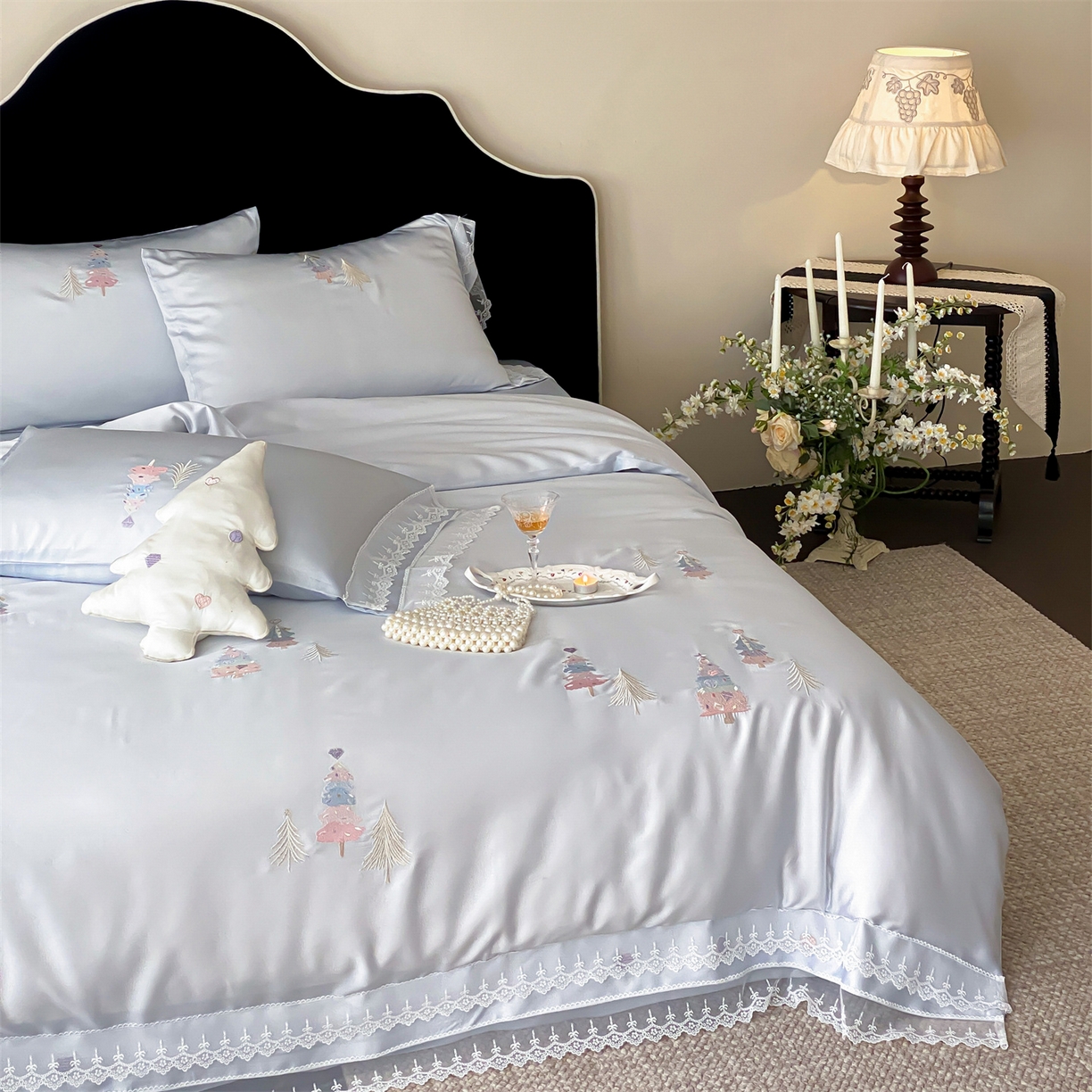 91家纺网 家纺一手货源 找家纺 （总）树下 2026新款60S天丝刺绣花边四件套-安松