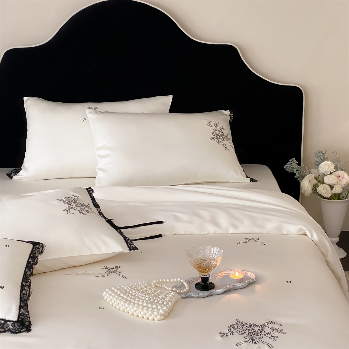 91家纺网 家纺一手货源 找家纺 树下 2026新款60S天丝刺绣花边四件套-疏影 疏影