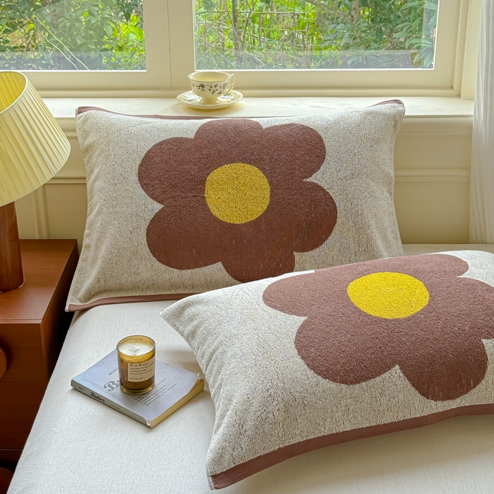 乐家毛巾被（工厂自产自销） 2026新款A类全棉纯棉色织提花抗菌毛圈枕巾 棕色向阳花