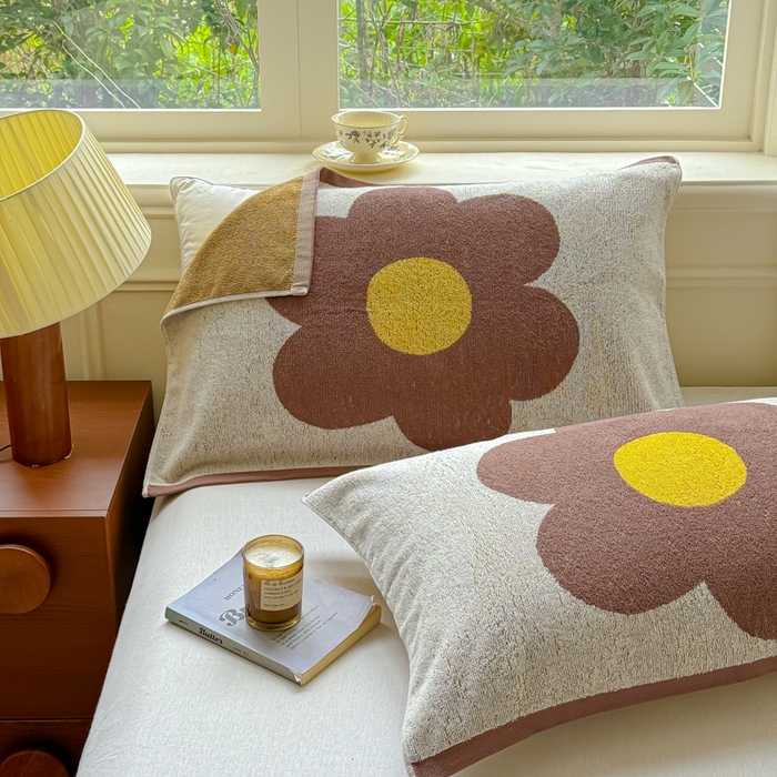 91家纺网 家纺一手货源 找家纺 乐家毛巾被（工厂自产自销） 2026新款A类全棉纯棉色织提花抗菌毛圈枕巾 棕色向阳花