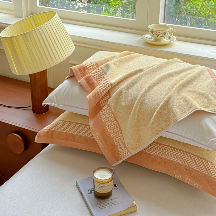 91家纺网 家纺一手货源 找家纺 乐家毛巾被（工厂自产自销） 2026新款A类全棉纯棉色织提花抗菌毛圈枕巾 斑斓黄