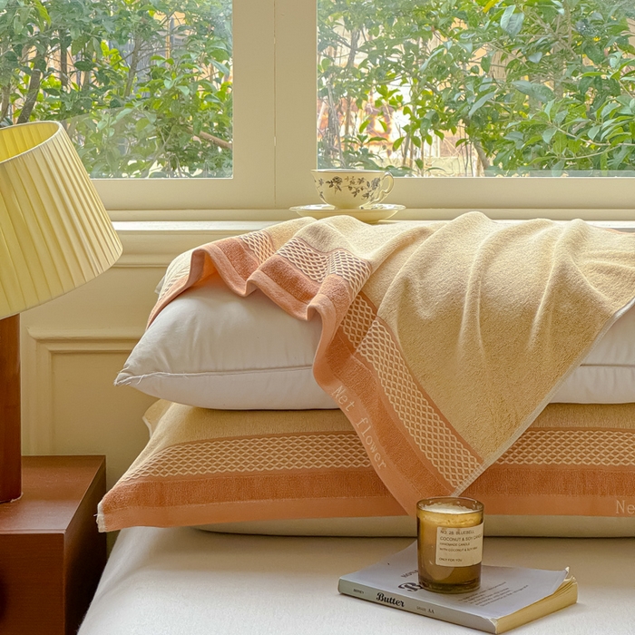 91家纺网 家纺一手货源 找家纺 乐家毛巾被（工厂自产自销） 2026新款A类全棉纯棉色织提花抗菌毛圈枕巾 斑斓黄