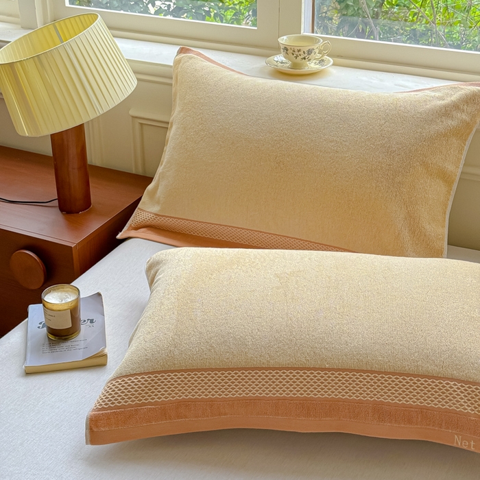 91家纺网 家纺一手货源 找家纺 乐家毛巾被（工厂自产自销） 2026新款A类全棉纯棉色织提花抗菌毛圈枕巾 斑斓黄