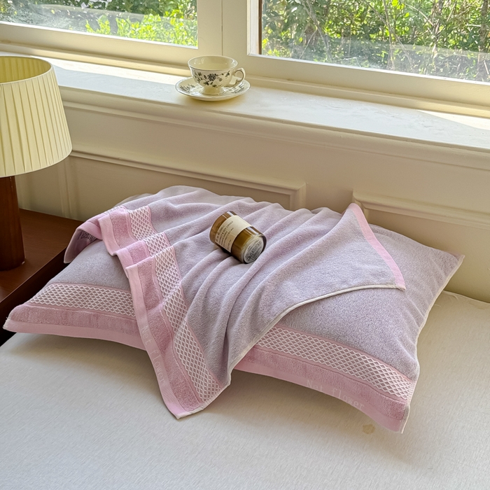 91家纺网 家纺一手货源 找家纺 乐家毛巾被（工厂自产自销） 2026新款A类全棉纯棉色织提花抗菌毛圈枕巾 斑斓紫