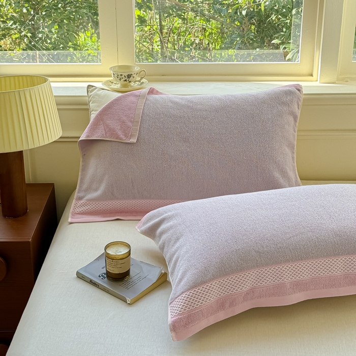 91家纺网 家纺一手货源 找家纺 乐家毛巾被（工厂自产自销） 2026新款A类全棉纯棉色织提花抗菌毛圈枕巾 斑斓紫