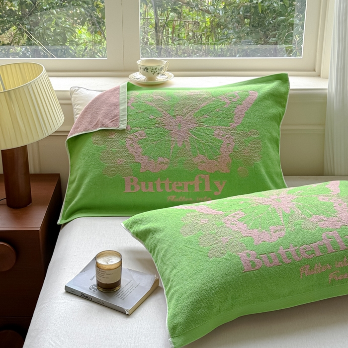 91家纺网 家纺一手货源 找家纺 乐家毛巾被（工厂自产自销） 2026新款A类全棉纯棉色织提花抗菌毛圈枕巾 蝶影