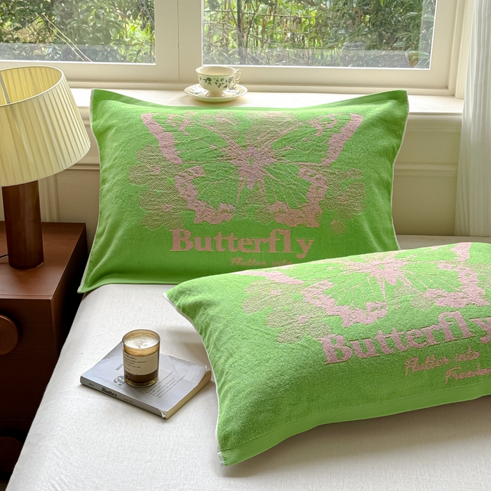 91家纺网 家纺一手货源 找家纺 乐家毛巾被（工厂自产自销） 2026新款A类全棉纯棉色织提花抗菌毛圈枕巾 蝶影