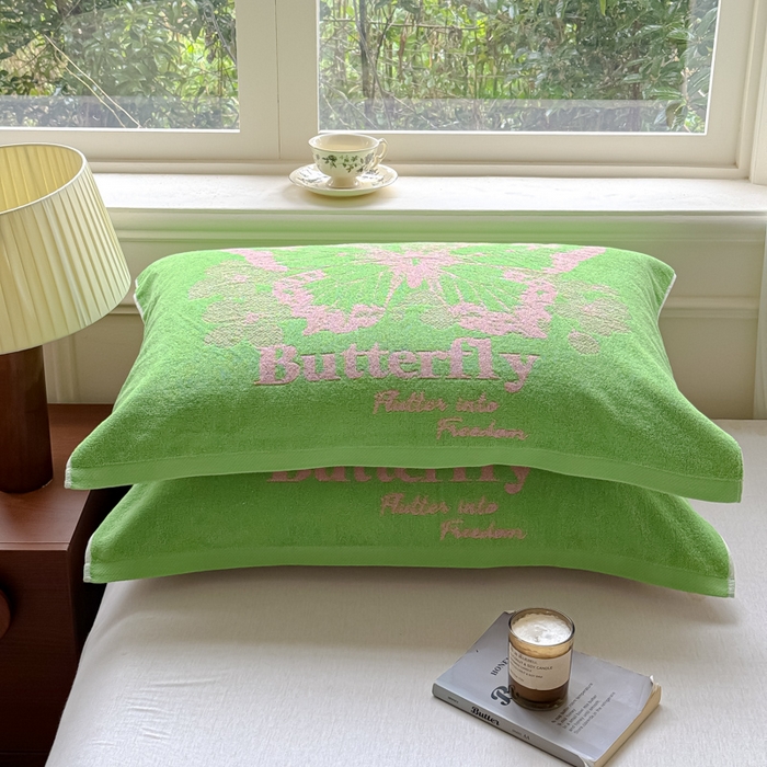 91家纺网 家纺一手货源 找家纺 乐家毛巾被（工厂自产自销） 2026新款A类全棉纯棉色织提花抗菌毛圈枕巾 蝶影