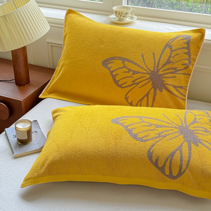 乐家毛巾被（工厂自产自销） 2026新款A类全棉纯棉色织提花抗菌毛圈枕巾 黄色蝴蝶