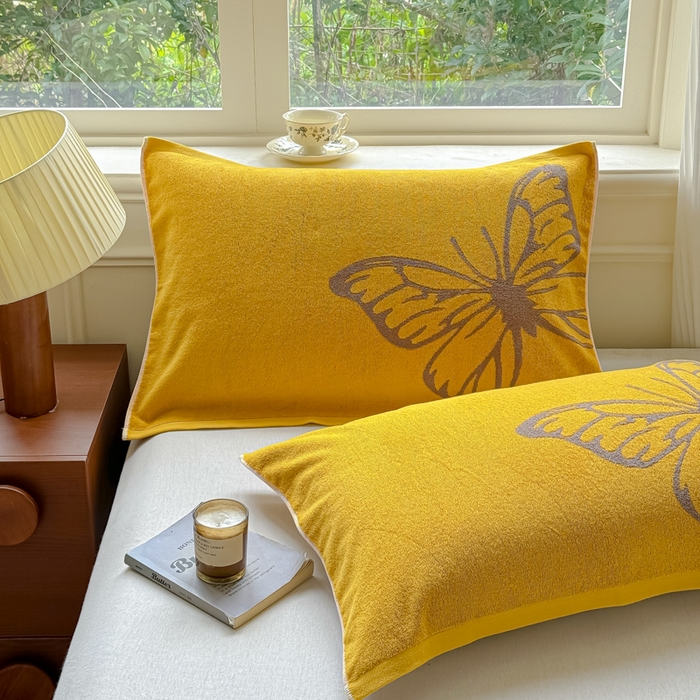 91家纺网 家纺一手货源 找家纺 乐家毛巾被（工厂自产自销） 2026新款A类全棉纯棉色织提花抗菌毛圈枕巾 黄色蝴蝶