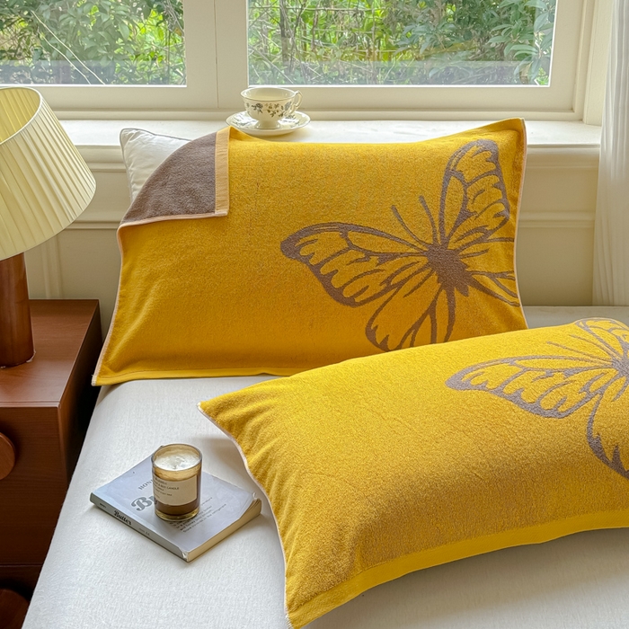 91家纺网 家纺一手货源 找家纺 乐家毛巾被（工厂自产自销） 2026新款A类全棉纯棉色织提花抗菌毛圈枕巾 黄色蝴蝶