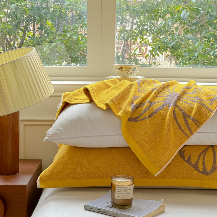 91家纺网 家纺一手货源 找家纺 乐家毛巾被（工厂自产自销） 2026新款A类全棉纯棉色织提花抗菌毛圈枕巾 黄色蝴蝶
