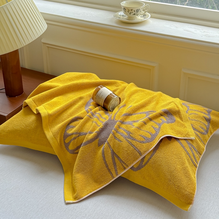 91家纺网 家纺一手货源 找家纺 乐家毛巾被（工厂自产自销） 2026新款A类全棉纯棉色织提花抗菌毛圈枕巾 黄色蝴蝶