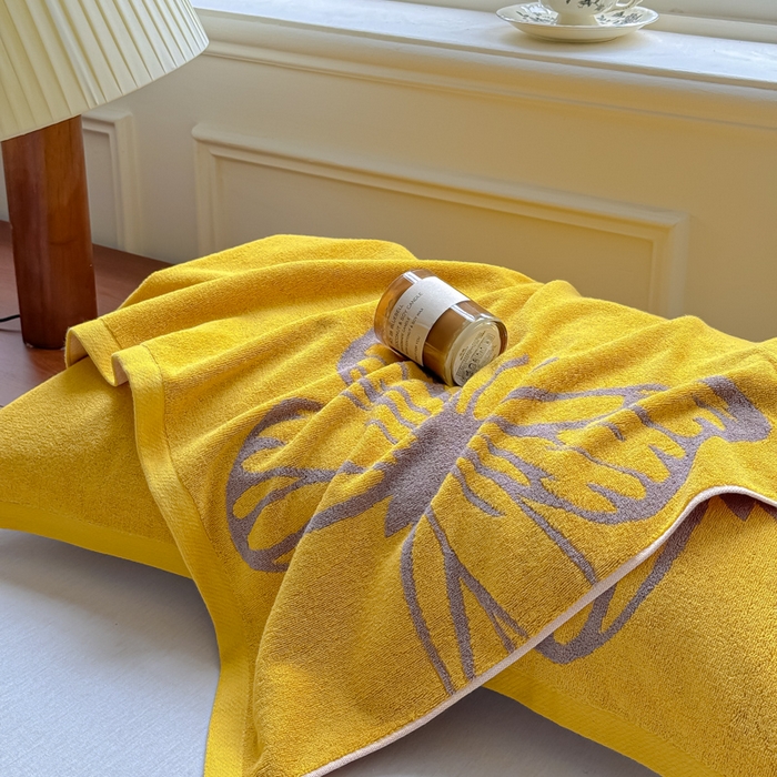 91家纺网 家纺一手货源 找家纺 乐家毛巾被（工厂自产自销） 2026新款A类全棉纯棉色织提花抗菌毛圈枕巾 黄色蝴蝶