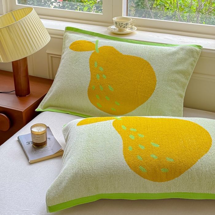 乐家毛巾被（工厂自产自销） 2026新款A类全棉纯棉色织提花抗菌毛圈枕巾 绿边鸭梨