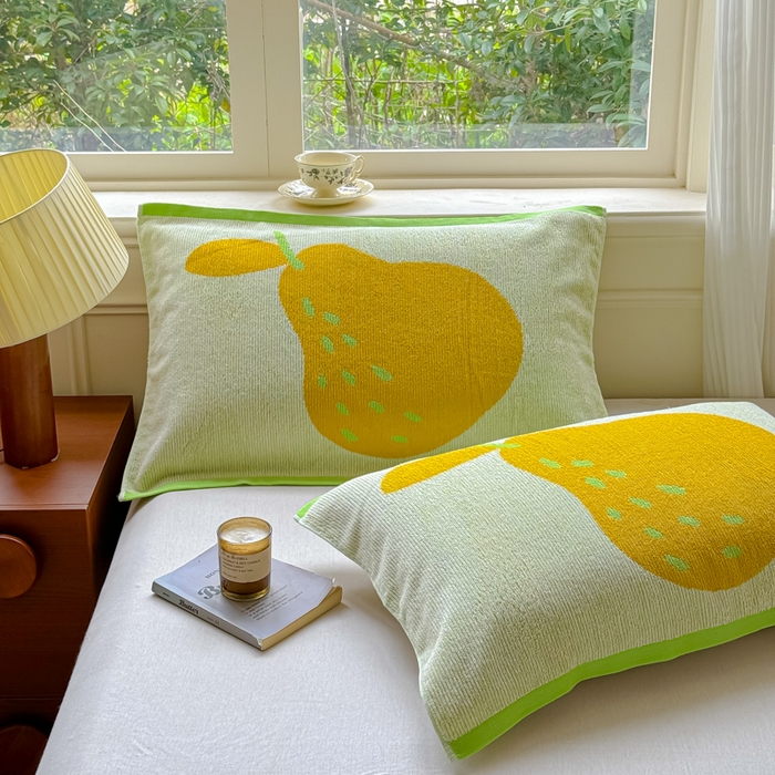 91家纺网 家纺一手货源 找家纺 乐家毛巾被（工厂自产自销） 2026新款A类全棉纯棉色织提花抗菌毛圈枕巾 绿边鸭梨