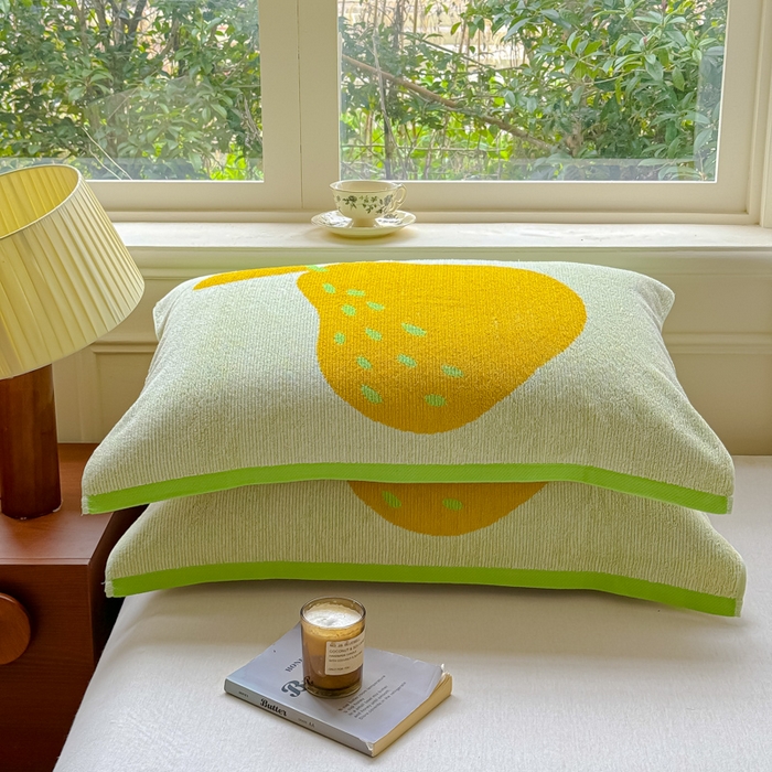 91家纺网 家纺一手货源 找家纺 乐家毛巾被（工厂自产自销） 2026新款A类全棉纯棉色织提花抗菌毛圈枕巾 绿边鸭梨