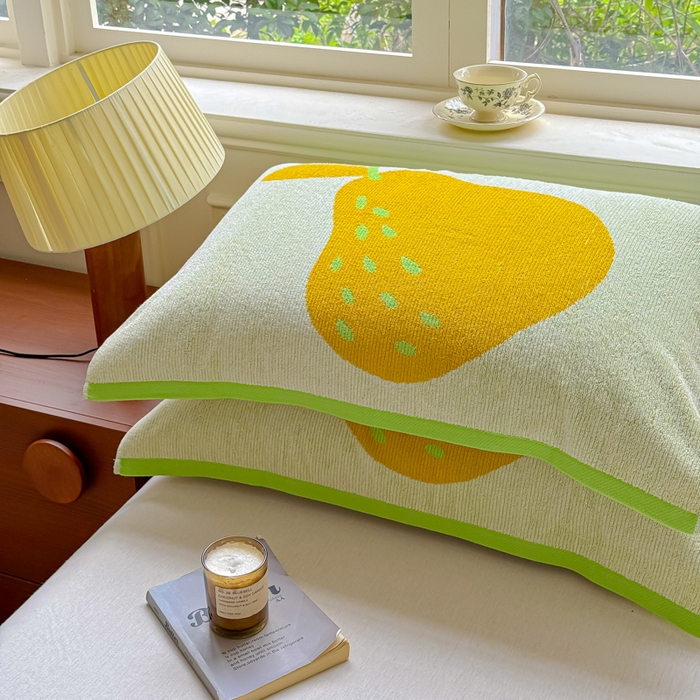 91家纺网 家纺一手货源 找家纺 乐家毛巾被（工厂自产自销） 2026新款A类全棉纯棉色织提花抗菌毛圈枕巾 绿边鸭梨