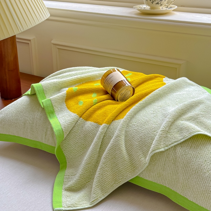 91家纺网 家纺一手货源 找家纺 乐家毛巾被（工厂自产自销） 2026新款A类全棉纯棉色织提花抗菌毛圈枕巾 绿边鸭梨