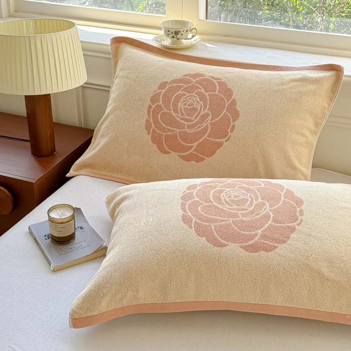 乐家毛巾被（工厂自产自销） 2026新款A类全棉纯棉色织提花抗菌毛圈枕巾 玫瑰物语黄