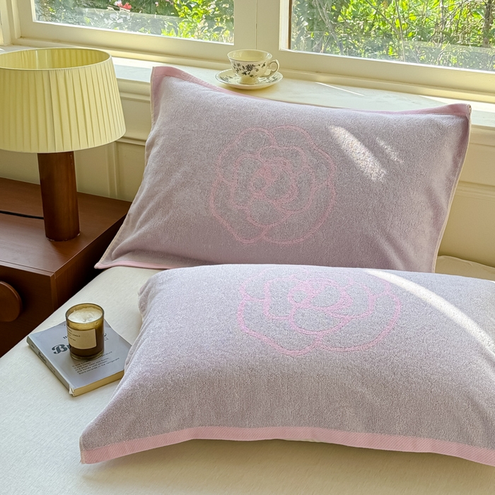 乐家毛巾被（工厂自产自销） 2026新款A类全棉纯棉色织提花抗菌毛圈枕巾 玫瑰物语紫