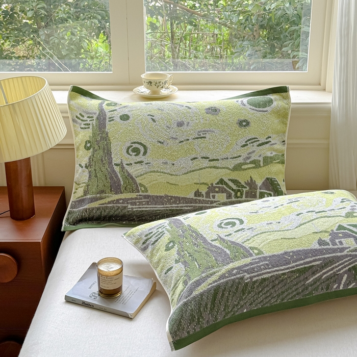 91家纺网 家纺一手货源 找家纺 乐家毛巾被（工厂自产自销） 2026新款A类全棉纯棉色织提花抗菌毛圈枕巾 梦中小镇