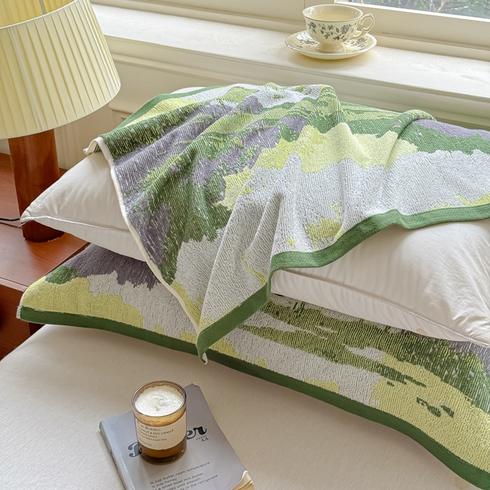 91家纺网 家纺一手货源 找家纺 乐家毛巾被（工厂自产自销） 2026新款A类全棉纯棉色织提花抗菌毛圈枕巾 山水