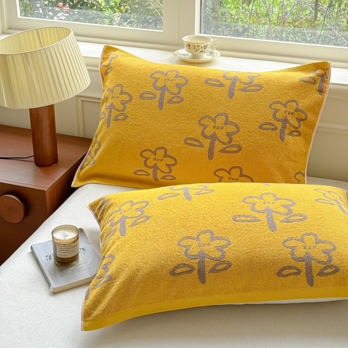 乐家毛巾被（工厂自产自销） 2026新款A类全棉纯棉色织提花抗菌毛圈枕巾 五瓣花黄