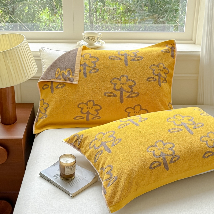 91家纺网 家纺一手货源 找家纺 乐家毛巾被（工厂自产自销） 2026新款A类全棉纯棉色织提花抗菌毛圈枕巾 五瓣花黄