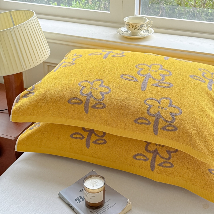91家纺网 家纺一手货源 找家纺 乐家毛巾被（工厂自产自销） 2026新款A类全棉纯棉色织提花抗菌毛圈枕巾 五瓣花黄