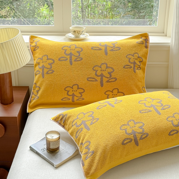 91家纺网 家纺一手货源 找家纺 乐家毛巾被（工厂自产自销） 2026新款A类全棉纯棉色织提花抗菌毛圈枕巾 五瓣花黄