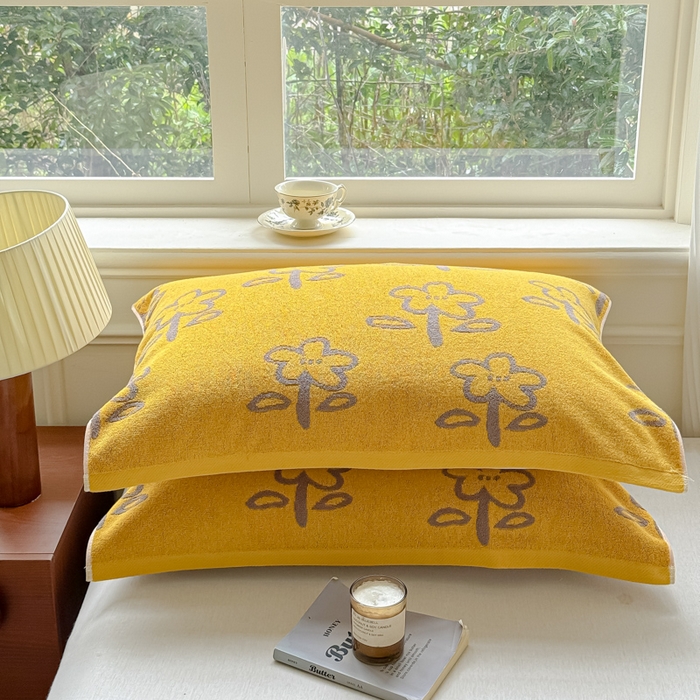 91家纺网 家纺一手货源 找家纺 乐家毛巾被（工厂自产自销） 2026新款A类全棉纯棉色织提花抗菌毛圈枕巾 五瓣花黄