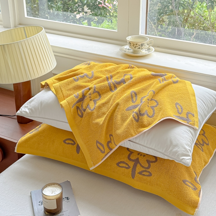 91家纺网 家纺一手货源 找家纺 乐家毛巾被（工厂自产自销） 2026新款A类全棉纯棉色织提花抗菌毛圈枕巾 五瓣花黄