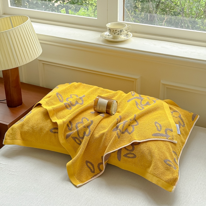 91家纺网 家纺一手货源 找家纺 乐家毛巾被（工厂自产自销） 2026新款A类全棉纯棉色织提花抗菌毛圈枕巾 五瓣花黄