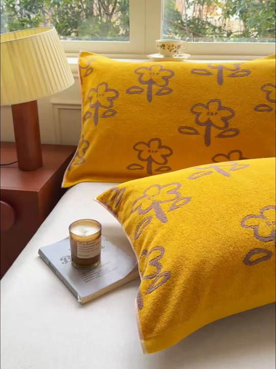 91家纺网 家纺一手货源 找家纺 乐家毛巾被（工厂自产自销） 2026新款A类全棉纯棉色织提花抗菌毛圈枕巾 五瓣花黄