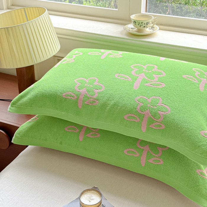 91家纺网 家纺一手货源 找家纺 乐家毛巾被（工厂自产自销） 2026新款A类全棉纯棉色织提花抗菌毛圈枕巾 五瓣花绿