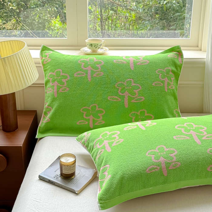 91家纺网 家纺一手货源 找家纺 乐家毛巾被（工厂自产自销） 2026新款A类全棉纯棉色织提花抗菌毛圈枕巾 五瓣花绿