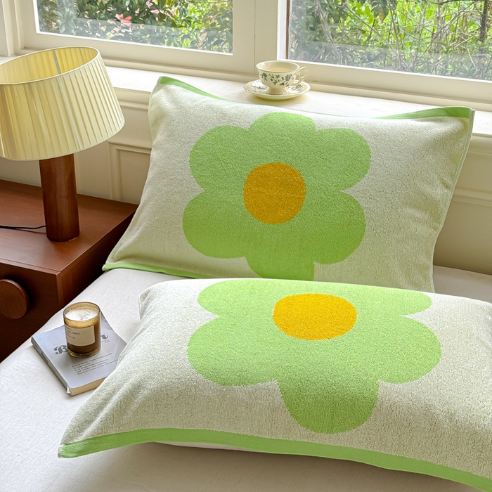 乐家毛巾被（工厂自产自销） 2026新款A类全棉纯棉色织提花抗菌毛圈枕巾 向阳花绿