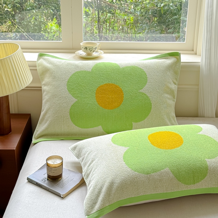 91家纺网 家纺一手货源 找家纺 乐家毛巾被（工厂自产自销） 2026新款A类全棉纯棉色织提花抗菌毛圈枕巾 向阳花绿