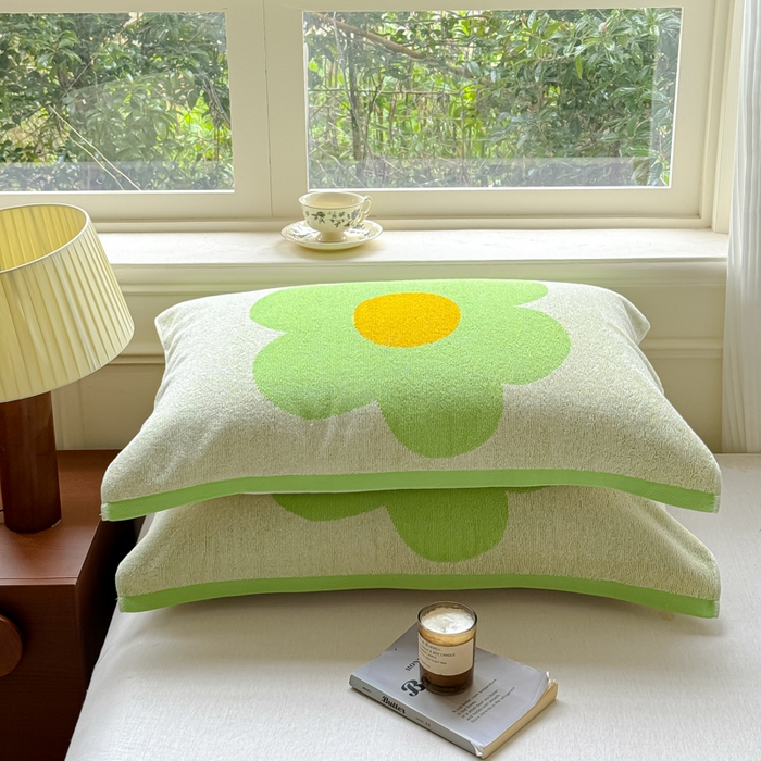 91家纺网 家纺一手货源 找家纺 乐家毛巾被（工厂自产自销） 2026新款A类全棉纯棉色织提花抗菌毛圈枕巾 向阳花绿