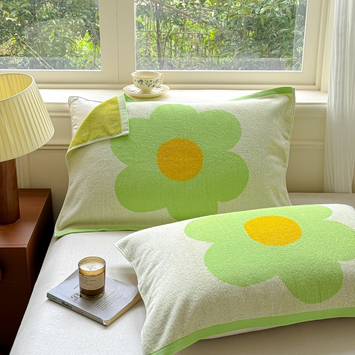 91家纺网 家纺一手货源 找家纺 乐家毛巾被（工厂自产自销） 2026新款A类全棉纯棉色织提花抗菌毛圈枕巾 向阳花绿