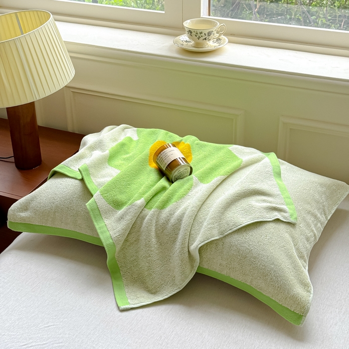 91家纺网 家纺一手货源 找家纺 乐家毛巾被（工厂自产自销） 2026新款A类全棉纯棉色织提花抗菌毛圈枕巾 向阳花绿