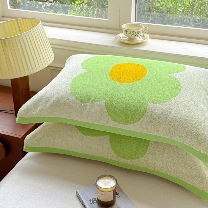 91家纺网 家纺一手货源 找家纺 乐家毛巾被（工厂自产自销） 2026新款A类全棉纯棉色织提花抗菌毛圈枕巾 向阳花绿
