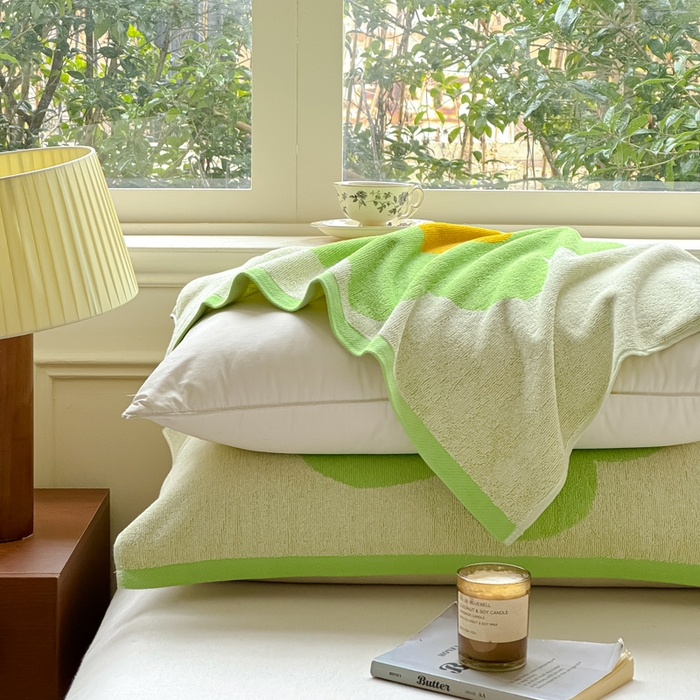 91家纺网 家纺一手货源 找家纺 乐家毛巾被（工厂自产自销） 2026新款A类全棉纯棉色织提花抗菌毛圈枕巾 向阳花绿