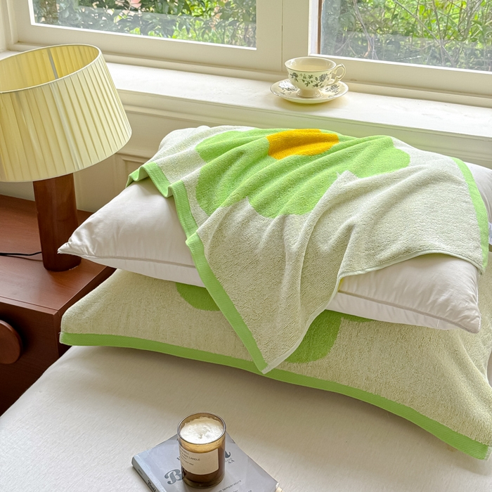 91家纺网 家纺一手货源 找家纺 乐家毛巾被（工厂自产自销） 2026新款A类全棉纯棉色织提花抗菌毛圈枕巾 向阳花绿