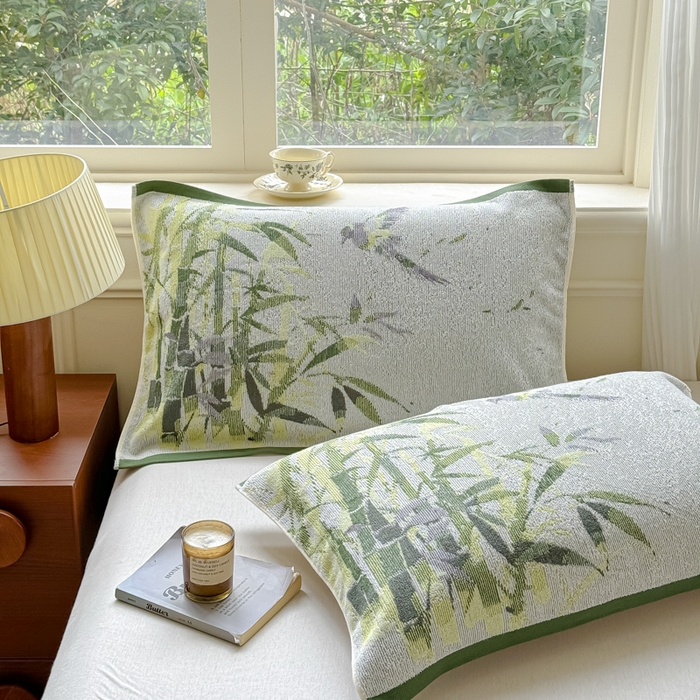 91家纺网 家纺一手货源 找家纺 乐家毛巾被（工厂自产自销） 2026新款A类全棉纯棉色织提花抗菌毛圈枕巾 竹影