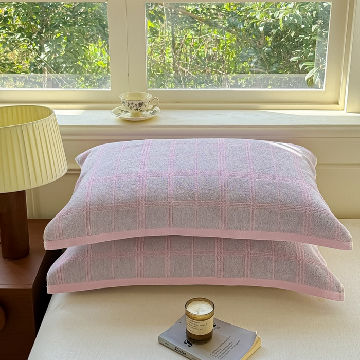 91家纺网 家纺一手货源 找家纺 乐家毛巾被（工厂自产自销） 2026新款A类全棉纯棉色织提花抗菌毛圈枕巾 紫色格子