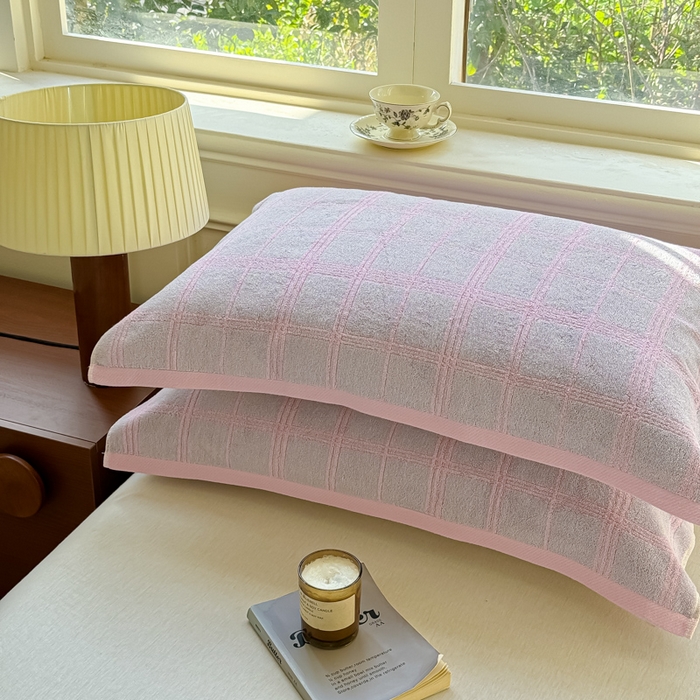 91家纺网 家纺一手货源 找家纺 乐家毛巾被（工厂自产自销） 2026新款A类全棉纯棉色织提花抗菌毛圈枕巾 紫色格子