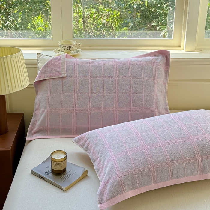 91家纺网 家纺一手货源 找家纺 乐家毛巾被（工厂自产自销） 2026新款A类全棉纯棉色织提花抗菌毛圈枕巾 紫色格子